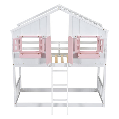 Twin Over Twin House Bunk Bed With Roof, Window, Window Box, Door, With Safety Guardrails And Ladder - Pink / White