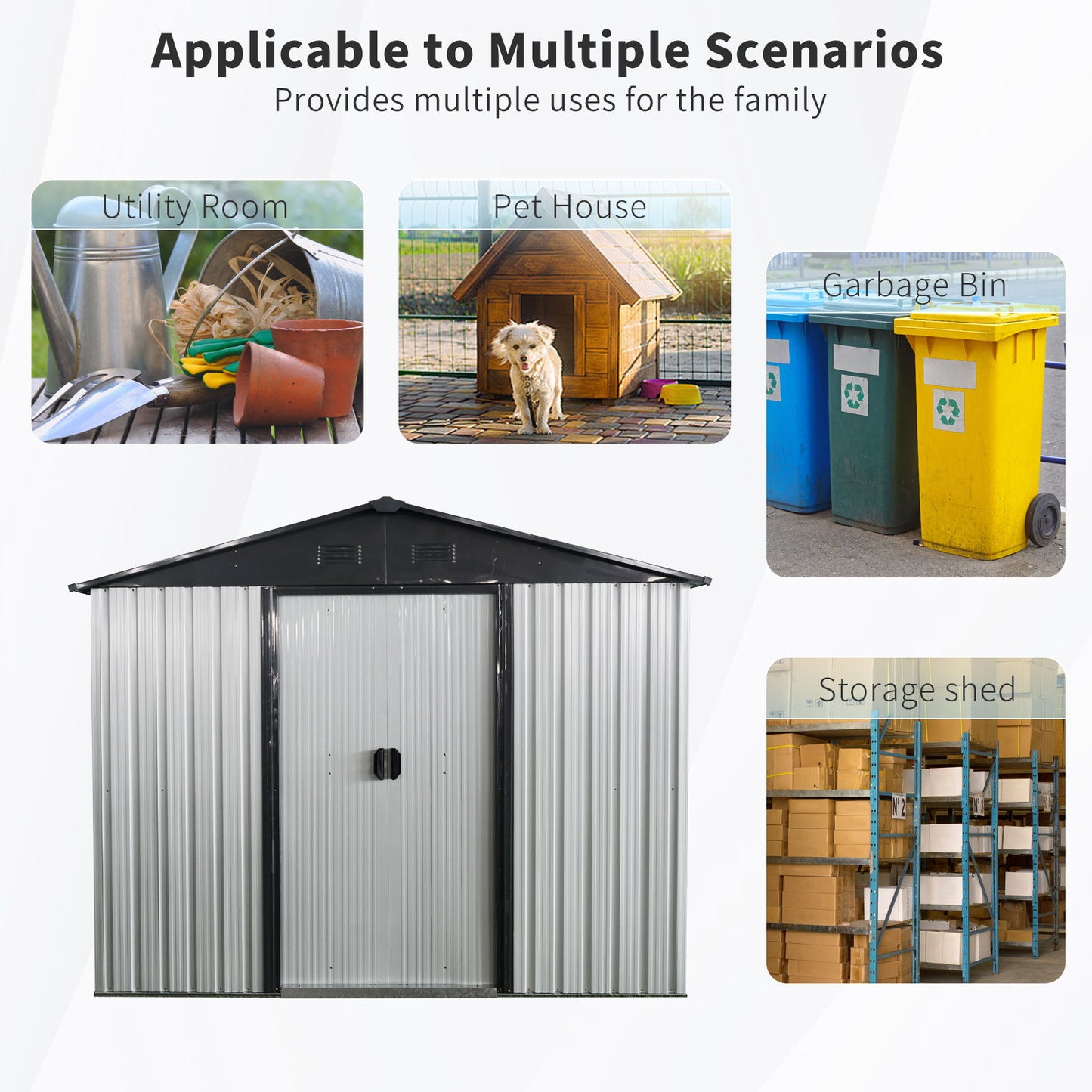 8Ft X 4Ft Outdoor Metal Storage Shed With Sliding Door And Foundation For Backyard, Patio, Lawn - White / Black