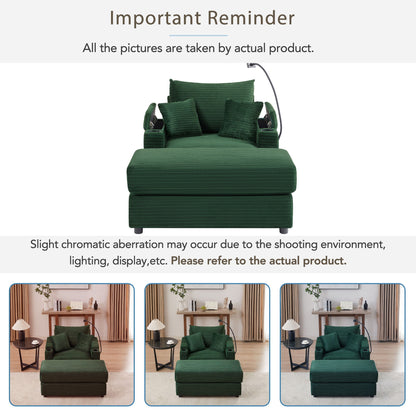 Modern Style Single Sofa Sofa Couch With Storage Space, A Movable Ottoman, Two USB Ports, Two Cup Holders, A Phone Holder For Living Room - Green