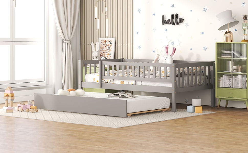 Twin Size Daybed With Trundle And Fence Guardrails - Gray