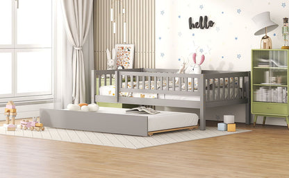 Twin Size Daybed With Trundle And Fence Guardrails - Gray