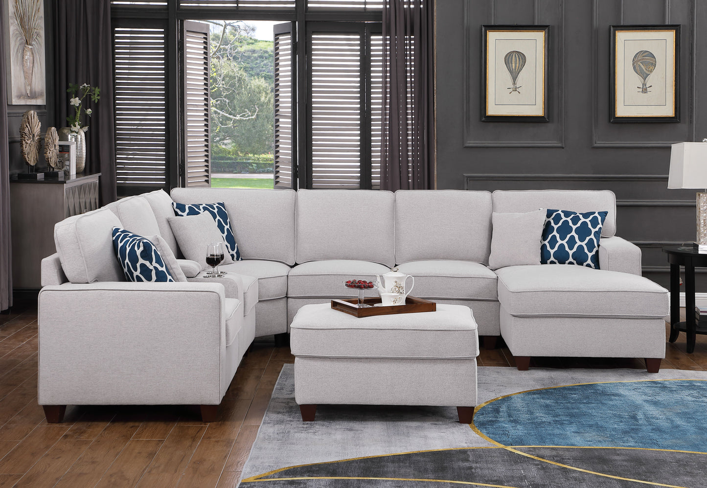 Tina - 8 Piece Upholstered Sectional With Ottoman - Light Gray