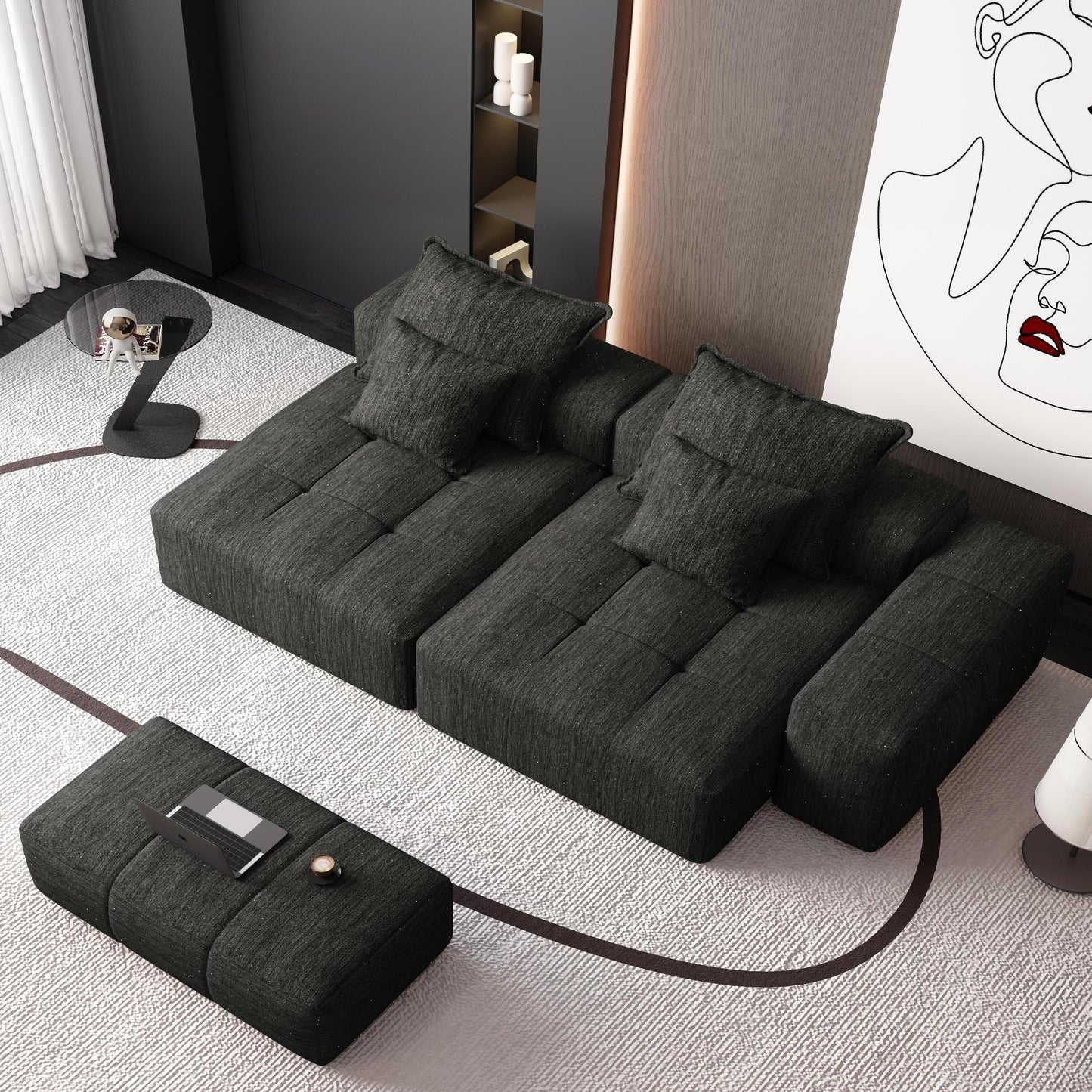 Modern Oversized Modular Sectional Sofa With 2 Chaise Lounge And 2 Armrest, Sparkling Chenille Fabric Soft Cushion Sofa With 4 Pillows, 4 Pieces Diy Combination Tufted Sofa, No Assembly Required - Black
