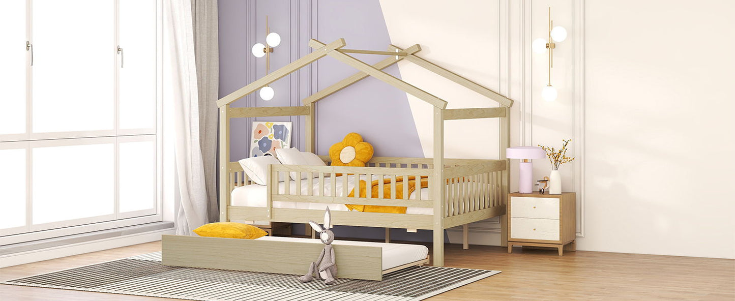 Full Size House Bed With Twin Size Trundle - Natural