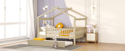 Full Size House Bed With Twin Size Trundle - Natural