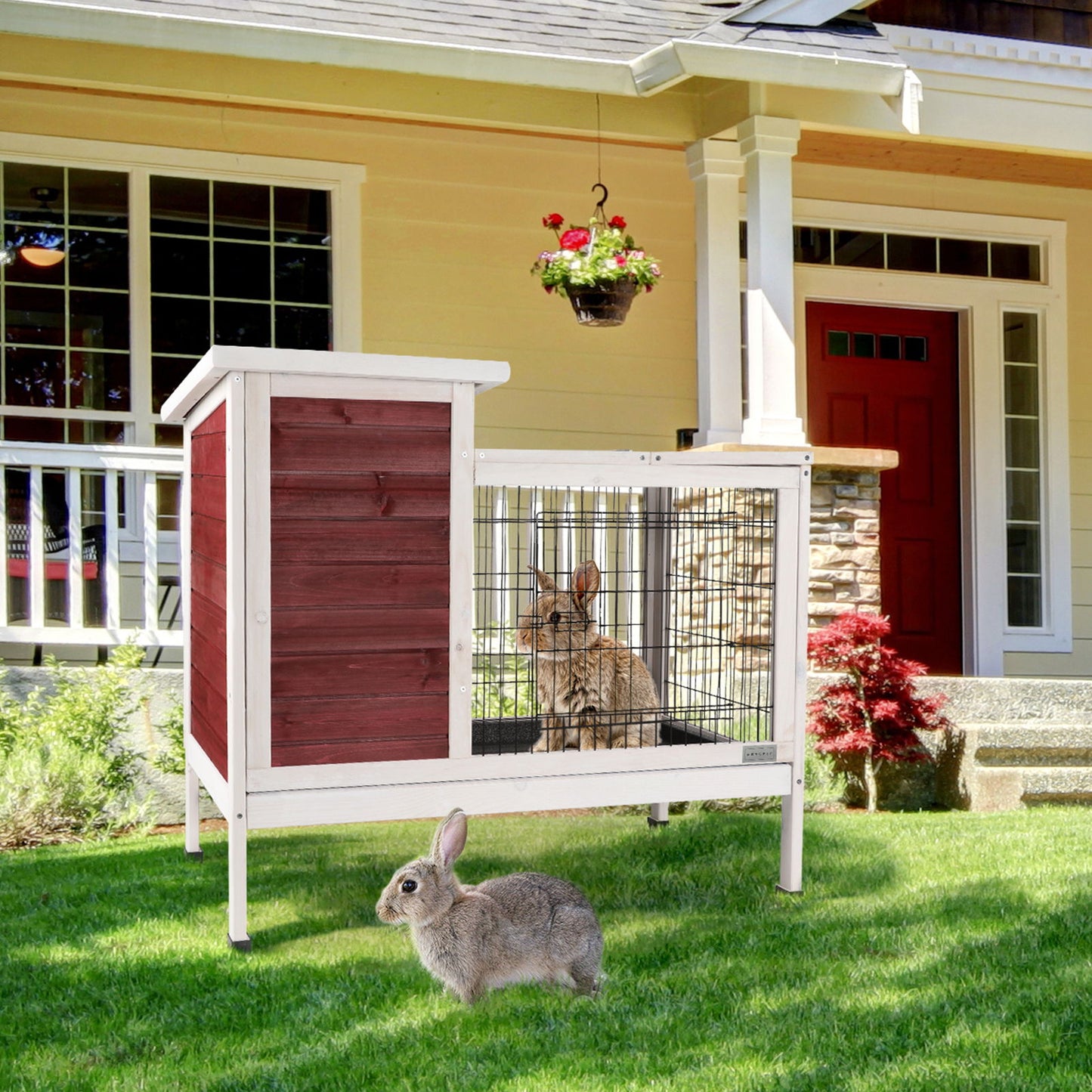Two Tier Wooden Indoor / Outdoor Rabbit Cage For Small Animals With Runway And Leak-Proof Plastic Tray - Red