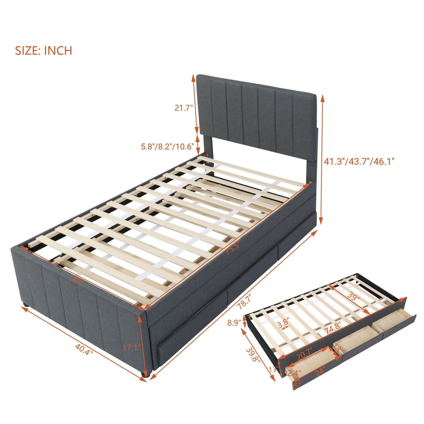 Twin Size Upholstered Platform Bed With Trundle And 3 Drawers - Gray