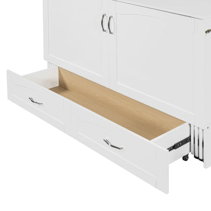 Queen Size Murphy Wall Bed With Drawer And A Set Of Sockets & USB Ports, Pulley Structure Design - White
