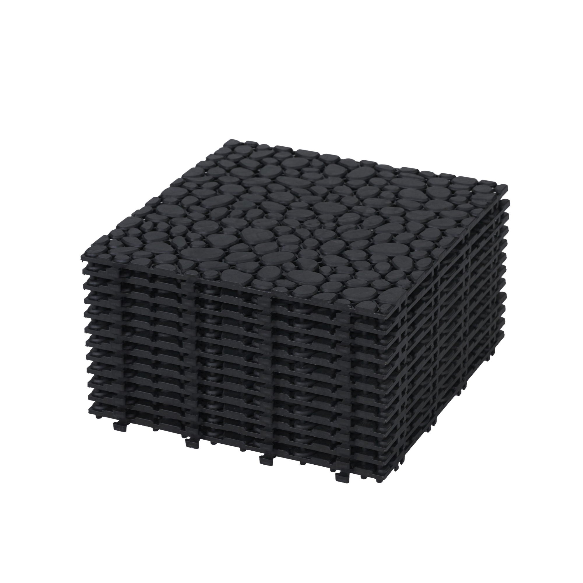 Interlocking Deck Tiles Plastic Waterproof Outdoor All Weather Anti-Slip Bathroom Shower Balcony Porch Strong Weight Capacity Upto 440 Lbs, Pebble Stone Pattern Pack Of 12 - Black