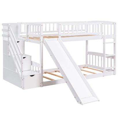 Twin Over Twin Stairway Bunk Bed & Two Drawers And Slide - White