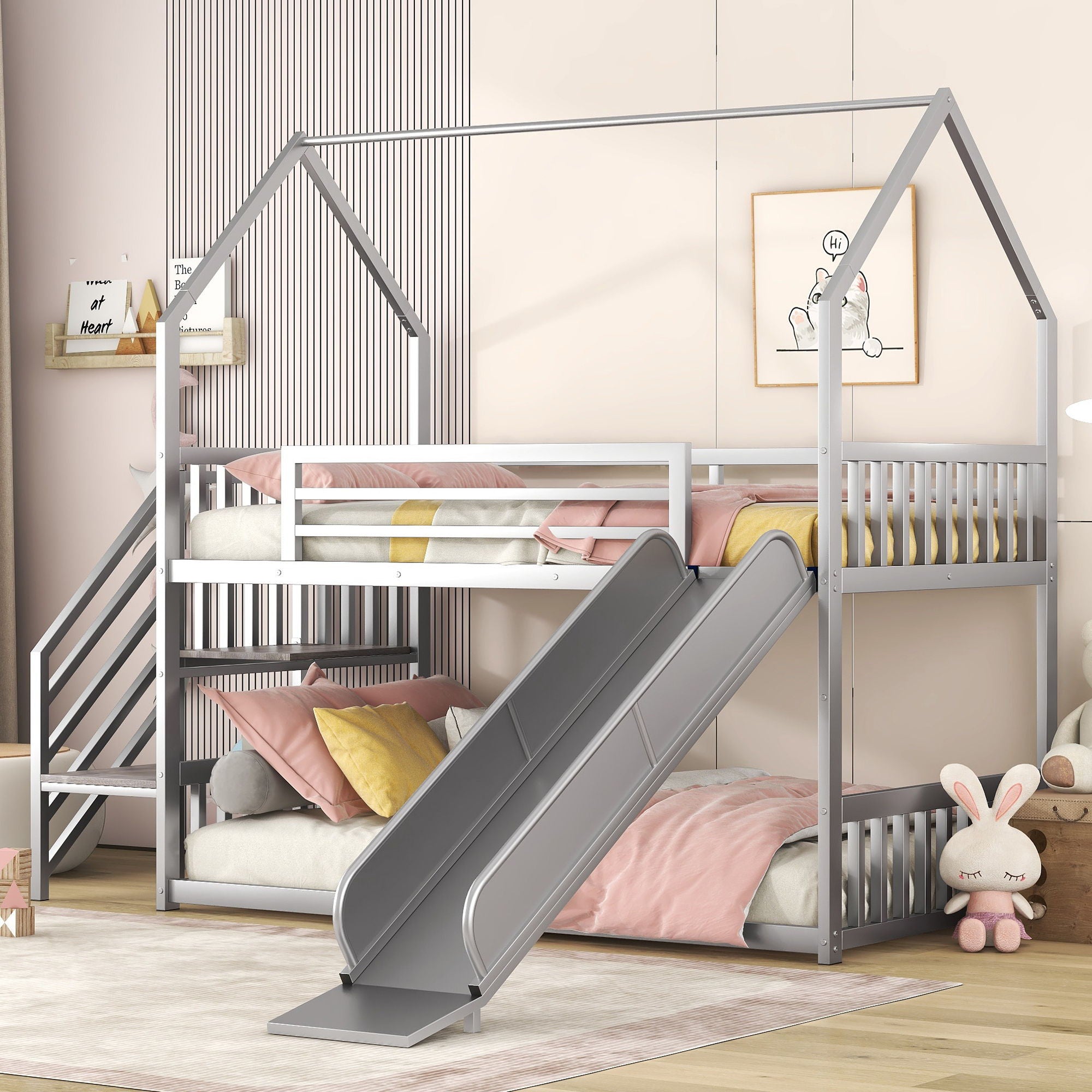 Twin Over Twin Metal Bunk Bed House Bed With Slide And Staircase - Silver