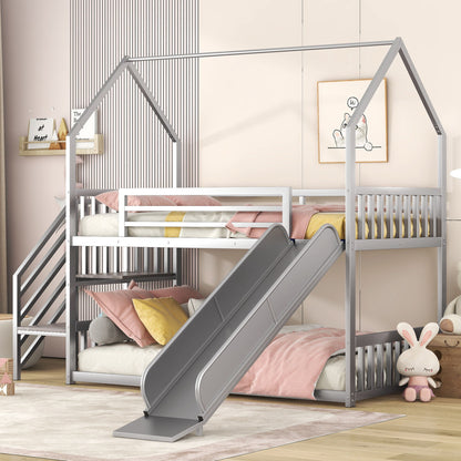 Twin Over Twin Metal Bunk Bed House Bed With Slide And Staircase - Silver