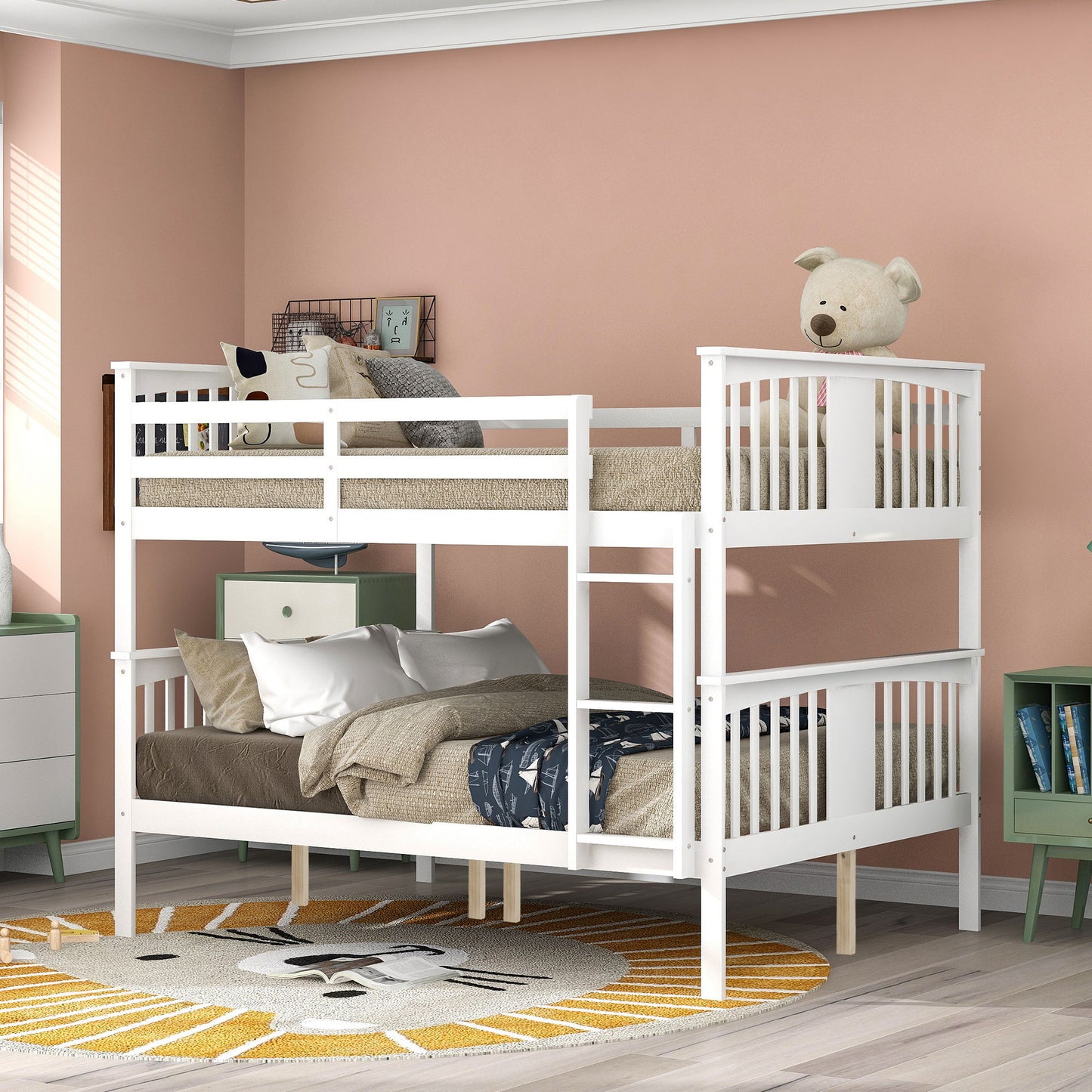 Full Over Full Bunk Bed With Ladder For Bedroom - White