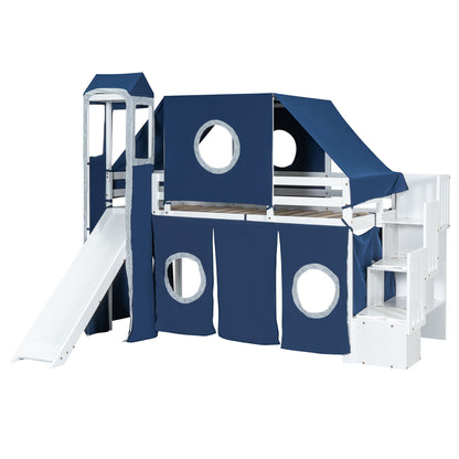 Twin Size Loft Bed With Tent And Tower - Blue