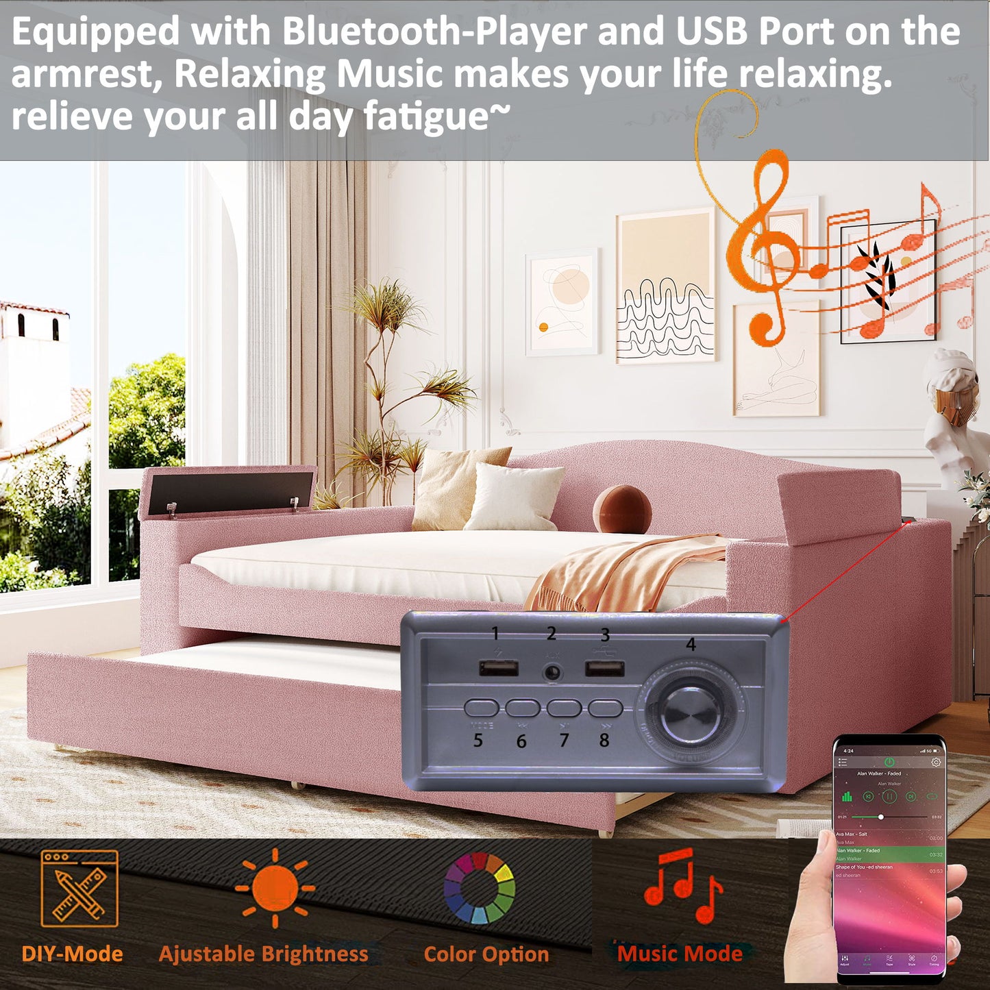 Full Size Upholstered Daybed With Storage Armrests, Trundle And Latest Integrated Bluetooth Audio System, Teddy Fleece - Pink
