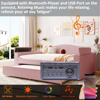 Full Size Upholstered Daybed With Storage Armrests, Trundle And Latest Integrated Bluetooth Audio System, Teddy Fleece - Pink