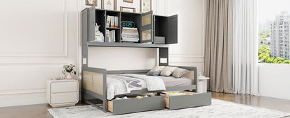 Full Size Wooden Daybed With 2 Drawers, And All In One Cabinet And Shelf - Gray