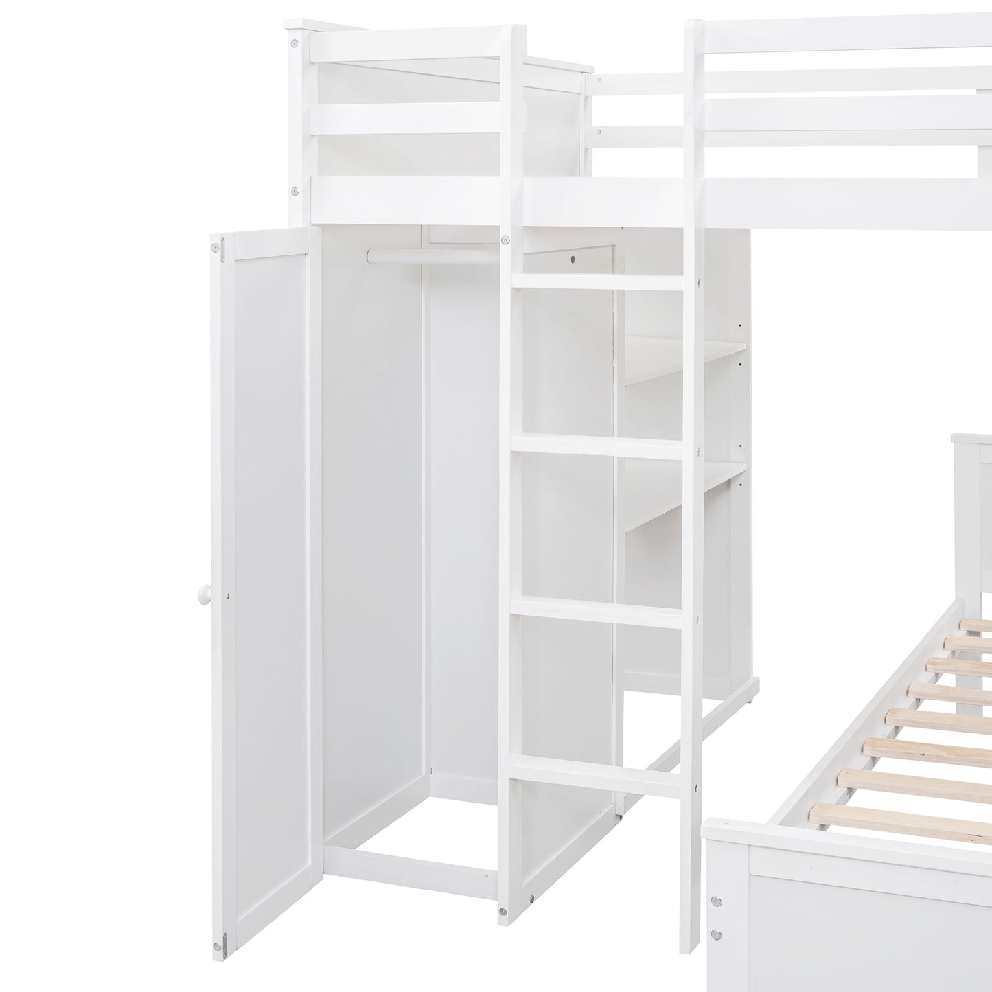 Full Size Loft Bed With A Twin Size Stand Alone Bed, Shelves, Desk, And Wardrobe - White
