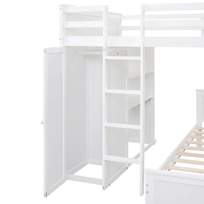 Full Size Loft Bed With A Twin Size Stand Alone Bed, Shelves, Desk, And Wardrobe - White