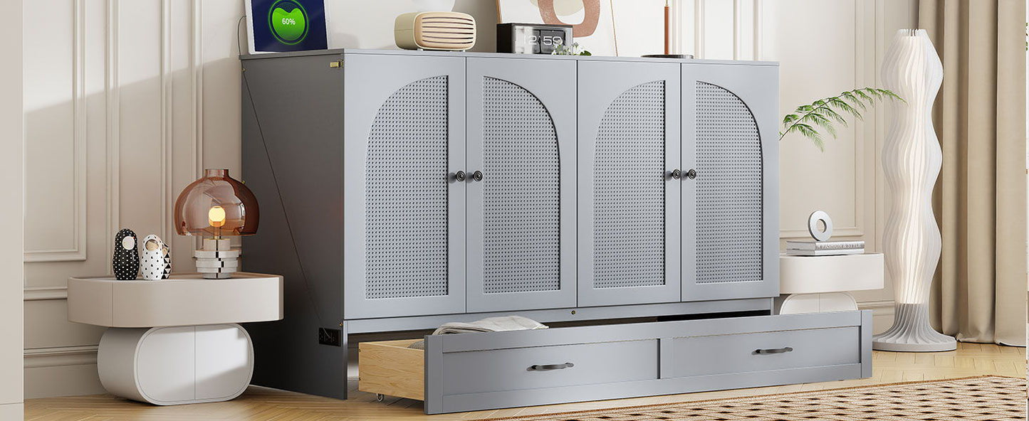 Queen Size Murphy Bed With Large Drawers - Gray