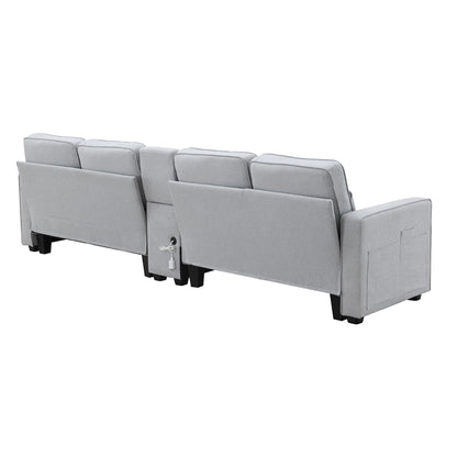 Upholstered Sofa With Console, 2 Cupholders And 2 USB Ports Wired Or Wirelessly Charged, Modern Linen Fabric Couches With 4 Pillows (4 Seat) - Light Gray