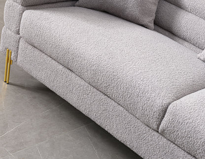 Luxurious And Comfortable Upholstered Sofa With Golden Legs And Pillows For Living Room And Reception Area - Gray