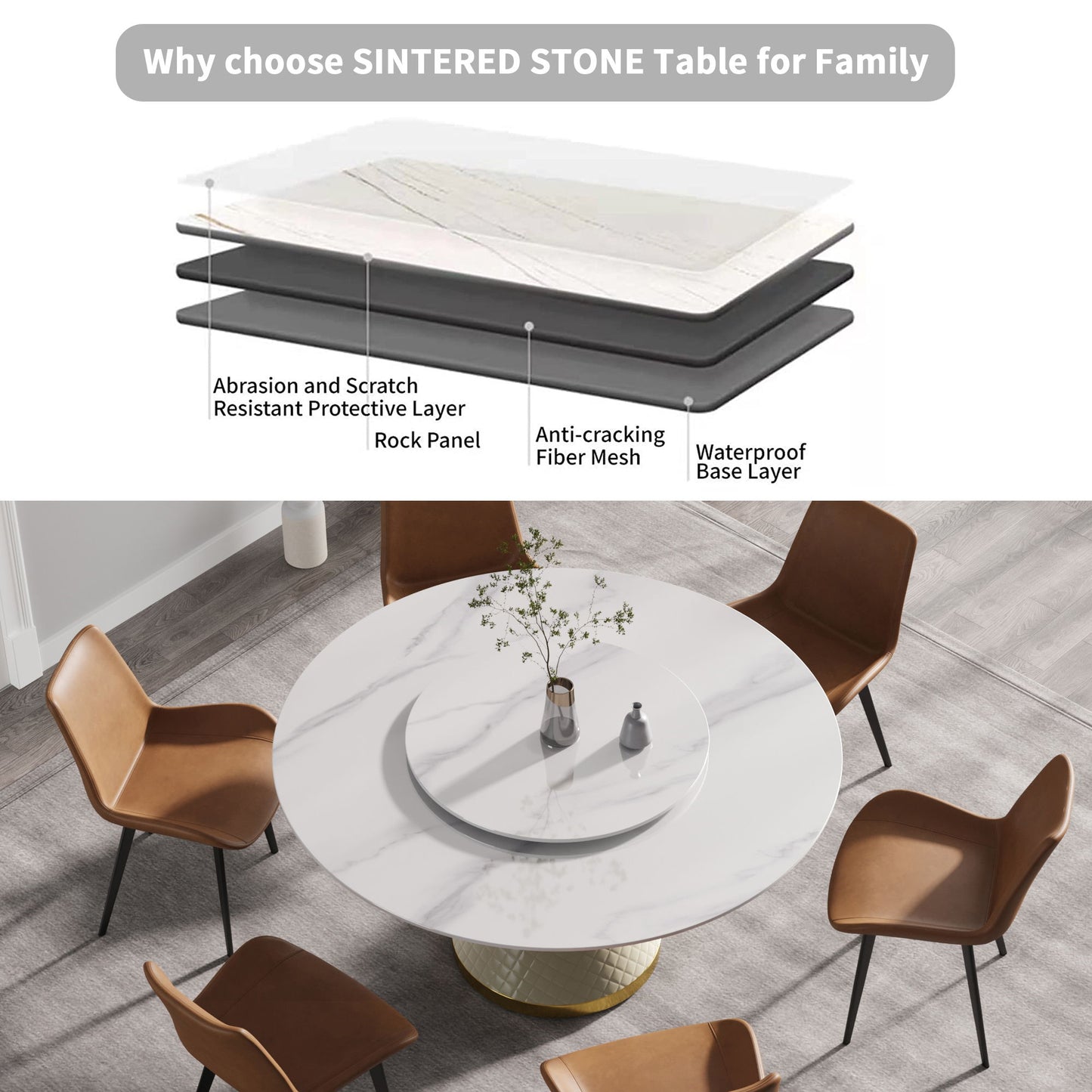 59.05" Modern Artificial Stone Round Carbon Steel Base Dining Table, Can Accommodate 6 People Artificial Stone Turntable - White