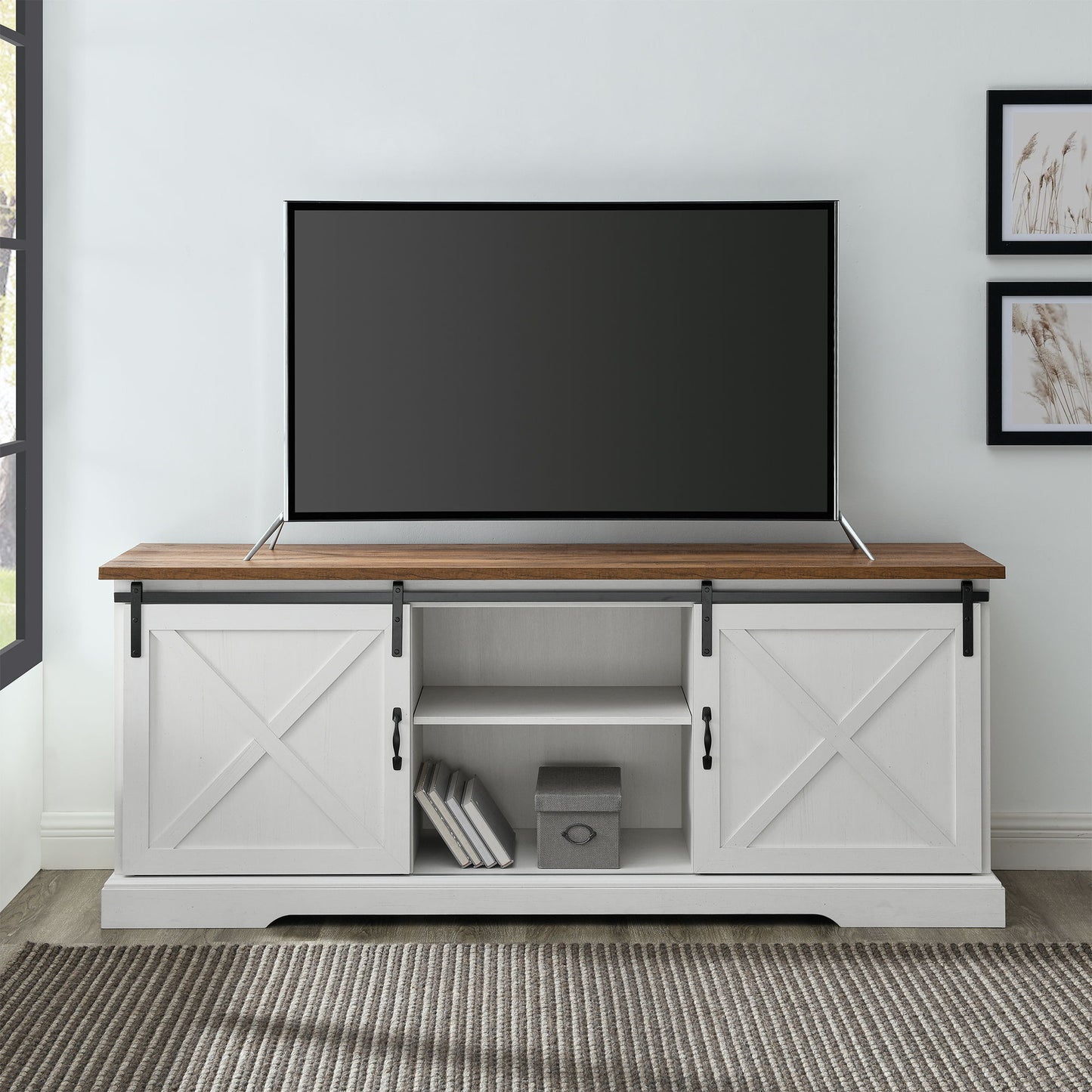 Farmhouse Sliding X Barn Door 70" TV Stand For 80" TVs - Rustic Oak / Brushed White