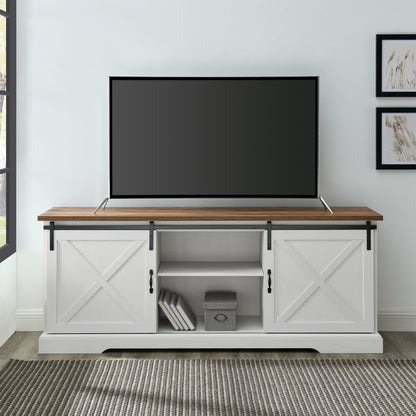 Farmhouse Sliding X Barn Door 70" TV Stand For 80" TVs - Rustic Oak / Brushed White