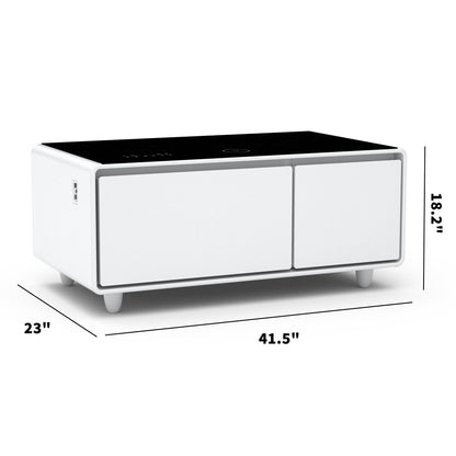 Modern Smart Coffee Table With Built-In Fridge, Bluetooth Speaker, Wireless Charging, Touch Control Panel, USB Ports, Outlet Protection, Atmosphere Light - White