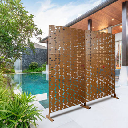 Outdoor & Indoor Freestanding Decorative Privacy Screen For Deck Balcony Patio, Metal Privacy Screen - Brown