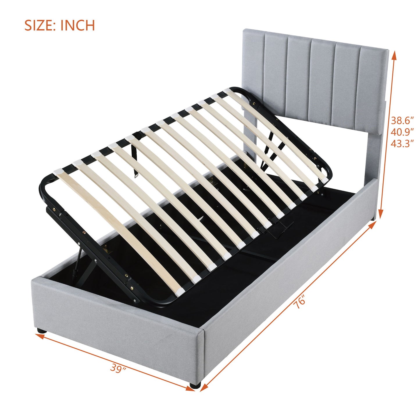 Twin Size Upholstered Platform Bed With A Hydraulic Storage System - Gray