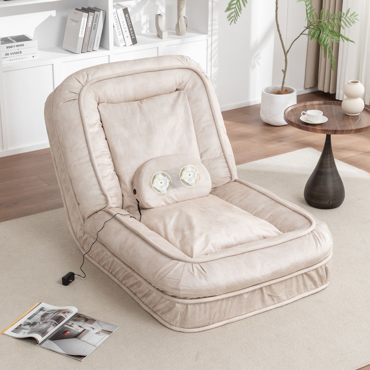 Upholstered Human Dog Bed And Pets Bean Bag Floor Sofa With Massage Pillow, 5 Adjustable Positions & 2 Soft Pillows, Velvet With Foam And Iron Plastic Frame - Beige