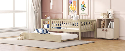 Twin Size Daybed With Trundle And Fence Guardrails - Natural