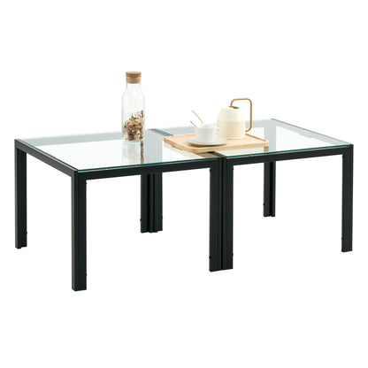 Coffee Table (Set of 2), Square Modern Table With Tempered Glass Finish For Living Room - Transparent / Black