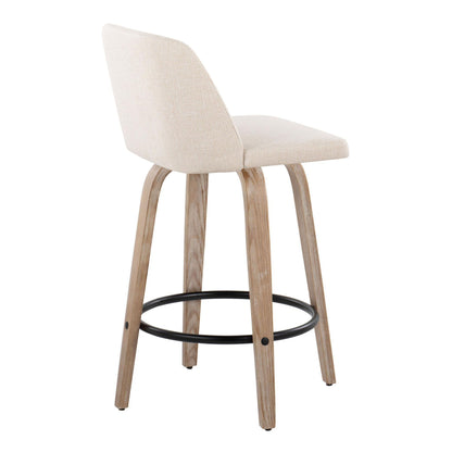 Toriano - Mid-Century Modern Fixed Height Counter Stool With Swivel With Round Footrest (Set of 2) - White Washed / Cream