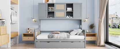 Twin Size Wooden Daybed With Twin Size Trundle, And All In One Cabinet And Shelf - Gray