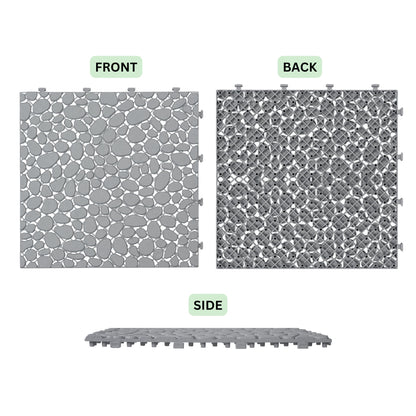 Interlocking Deck Tiles Plastic Waterproof Outdoor All Weather Anti-Slip Bathroom Shower Balcony Porch Strong Weight Capacity Upto 440 Lbs, Pebble Stone Pattern Pack Of 60 - Gray