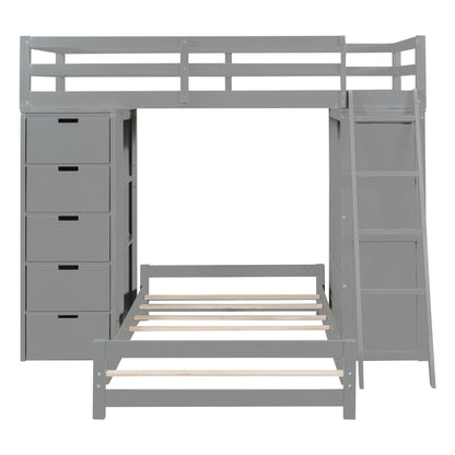 Twin Over Twin Bunk Bed With LED Light And USB Ports - Gray