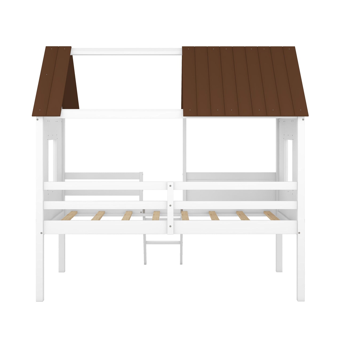 Twin Size Low Loft House Bed With Two Side Windows - White / Brown