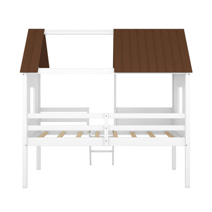 Twin Size Low Loft House Bed With Two Side Windows - White / Brown