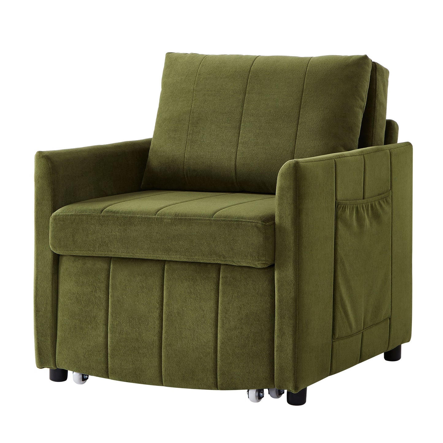 Upholstered Convertible Sleeper Sofa With Adjustable Backrest, Side Pockets, Storage Basket - Green