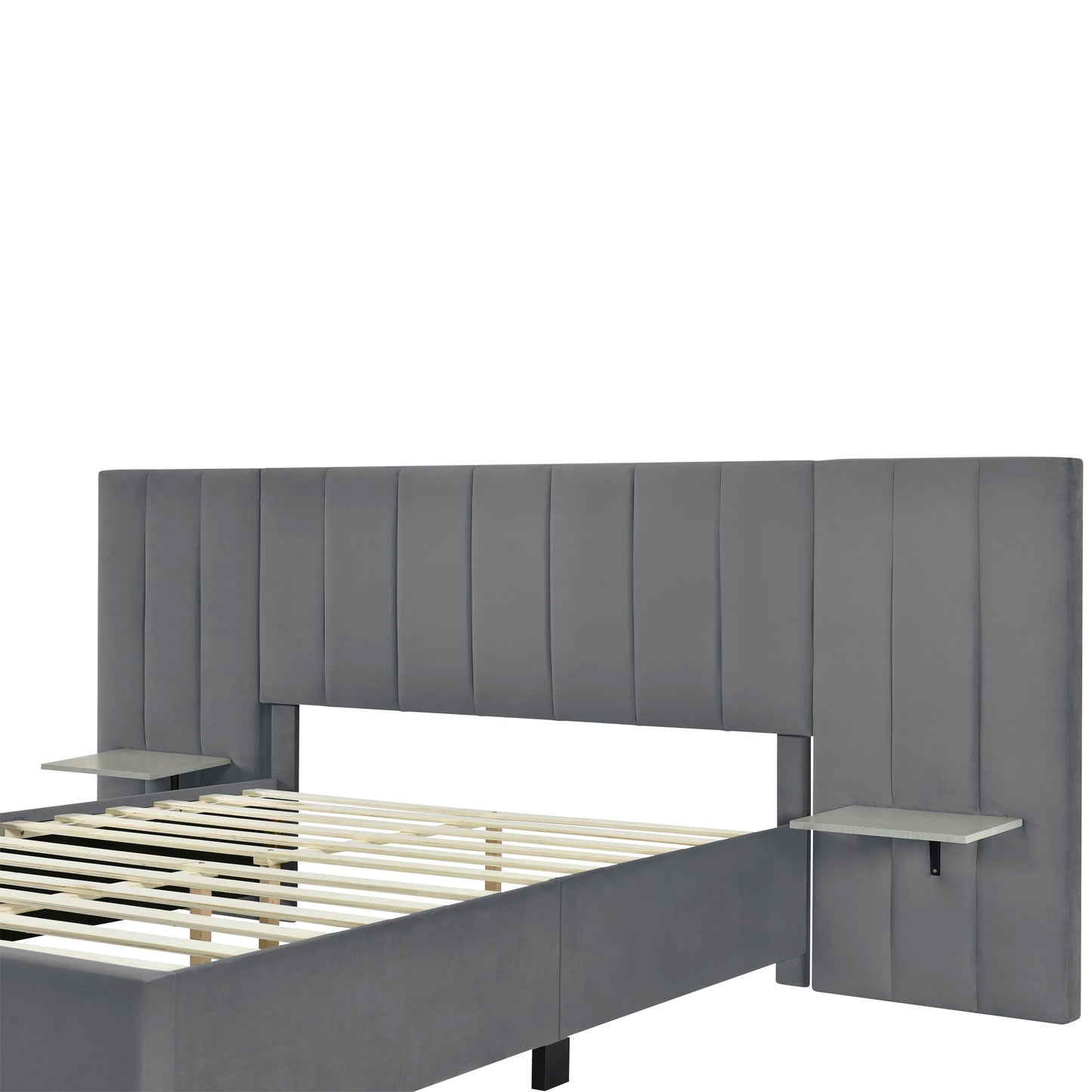 Queen Size Upholstered Platform Bed With Big Headboard - Gray