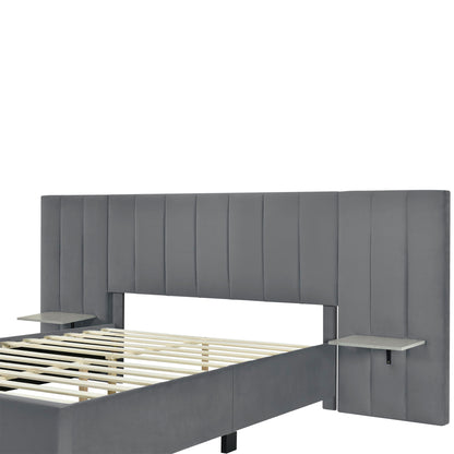 Queen Size Upholstered Platform Bed With Big Headboard - Gray