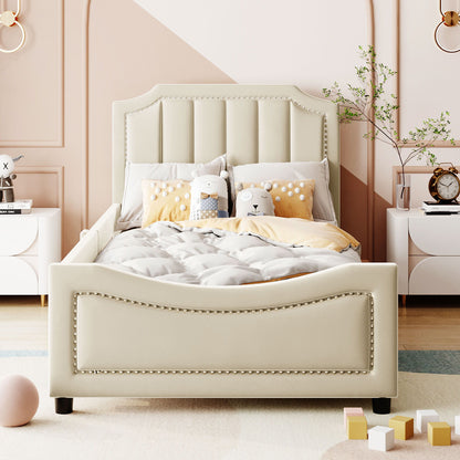 Twin Size Upholstered Daybed With Classic Stripe Shaped Headboard - Beige