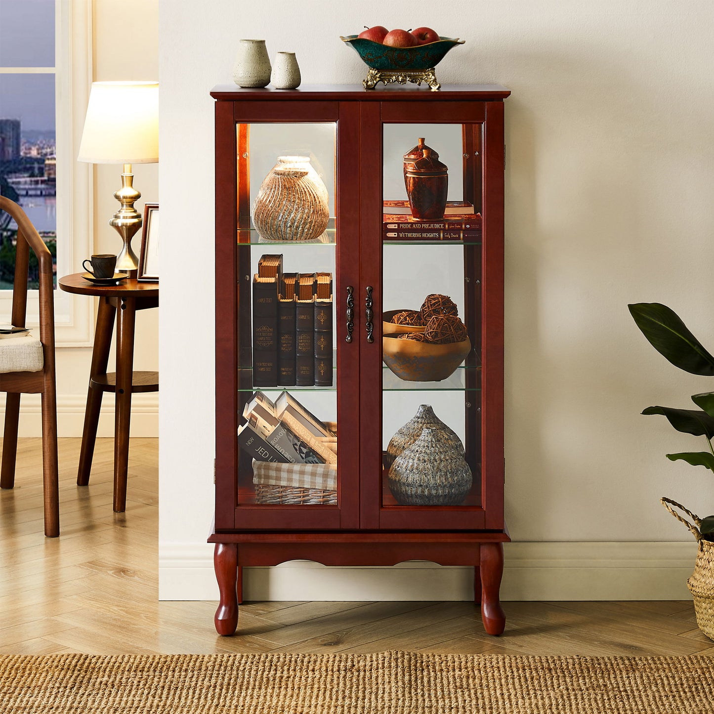 Curio Cabinet Lighted Curio Diapaly Cabinet With Adjustable Shelves And Mirrored Back Panel, Tempered Glass Doors 3 Tier, (E26 Light Bulb Not Included) - Cherry
