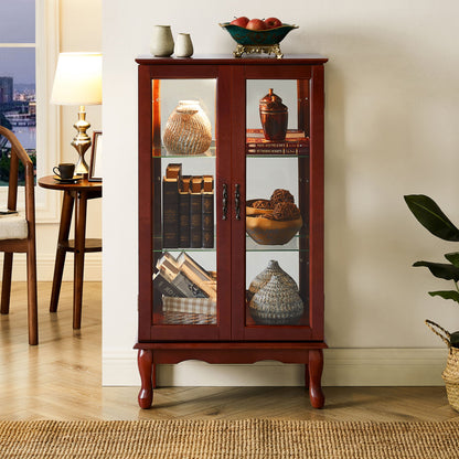 Curio Cabinet Lighted Curio Diapaly Cabinet With Adjustable Shelves And Mirrored Back Panel, Tempered Glass Doors 3 Tier, (E26 Light Bulb Not Included) - Cherry