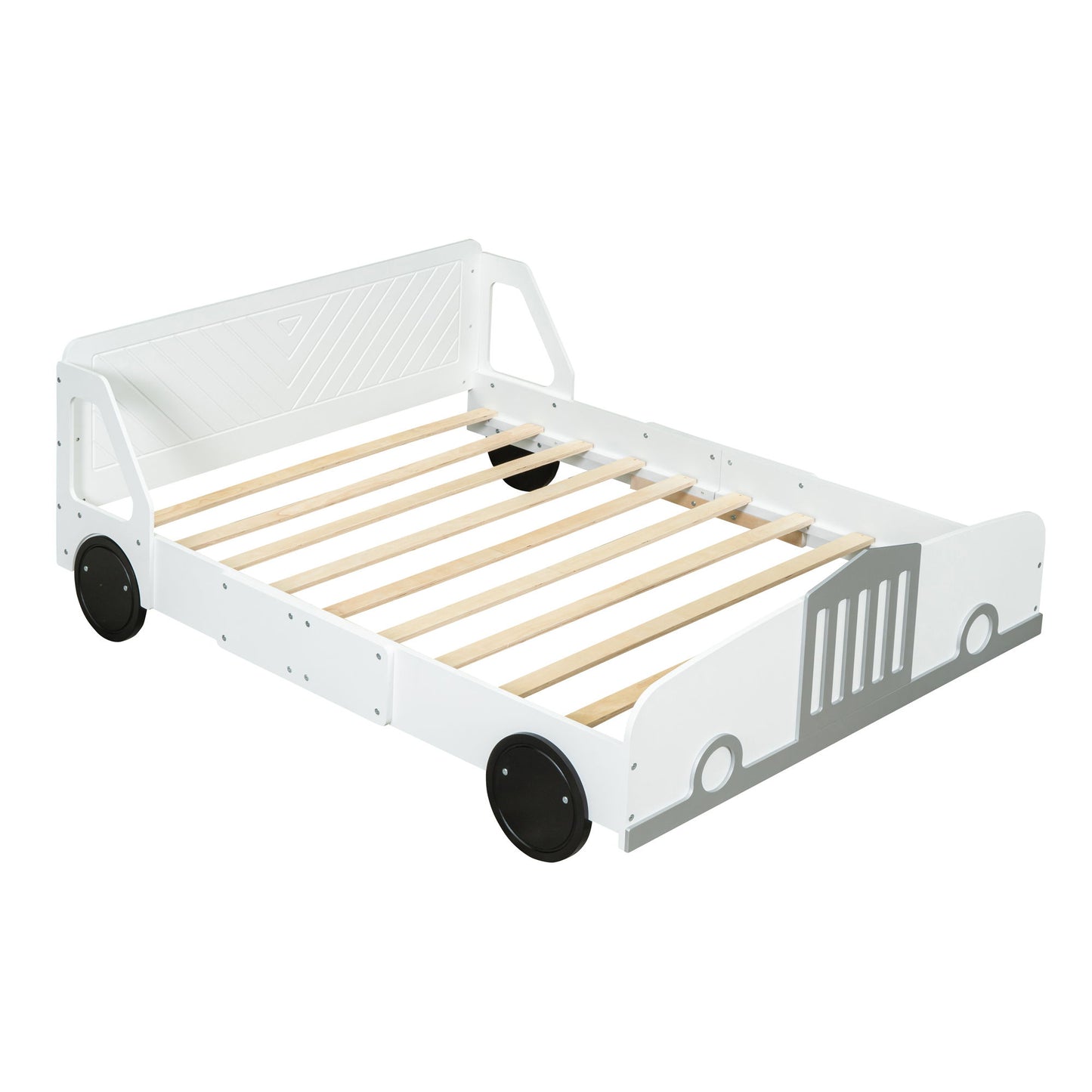 Full Size Car Shaped Platform Bed With Wheels - White