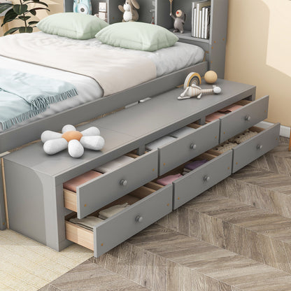 Full Bed With Bookcase Headboard, Under Bed Storage Drawers And Bed End Storage Case - Gray