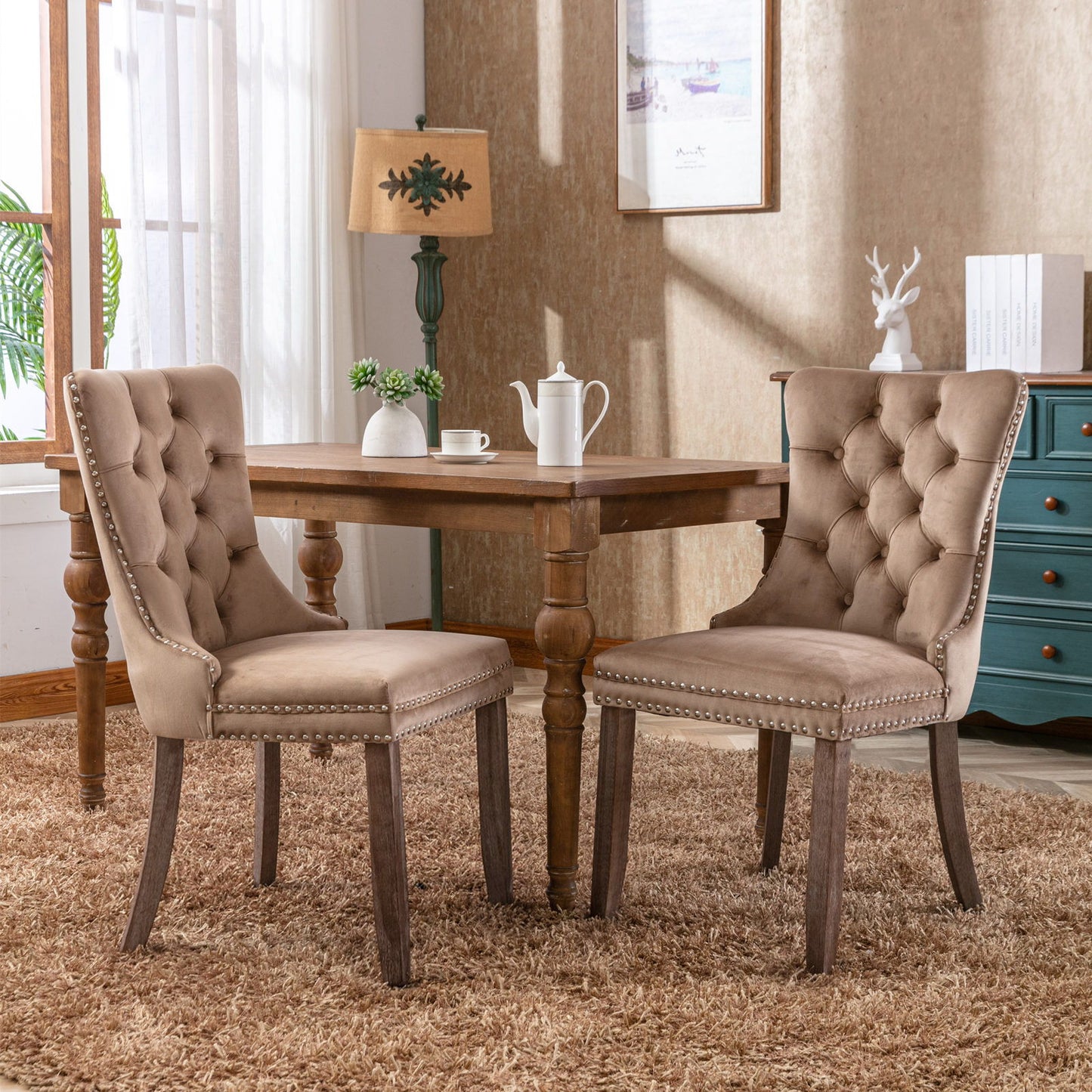 Nikki - Modern, High-End Tufted Solid Wood Contemporary Velvet Upholstered Dining Chair With Wood Legs Nailhead Trim (Set of 2) - Khaki